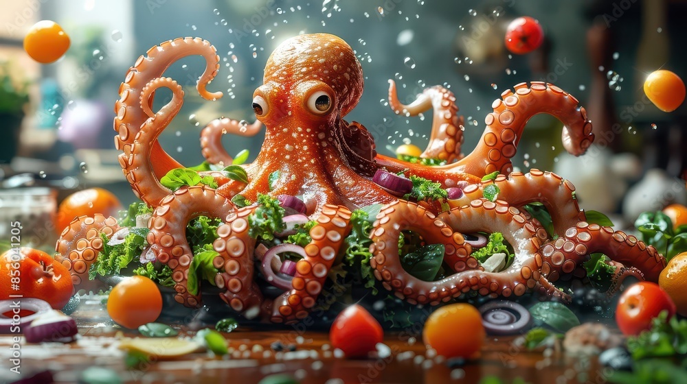 Fototapeta premium octopus made of vegetables and fruits on a table