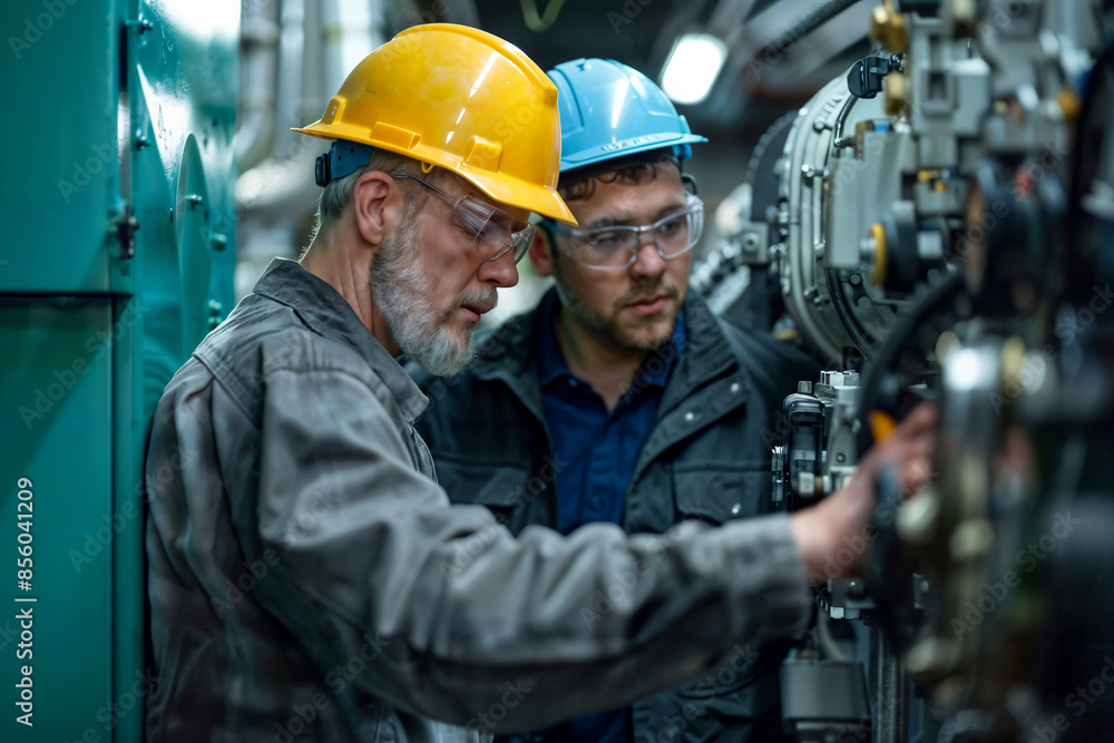 Engineers Inspecting Machinery in Industrial Plant Wearing Safety Gear Engineers Inspecting Machinery in Industrial Plant Wearing Safety Gear