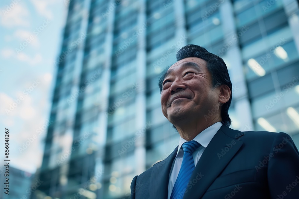 Fototapeta premium Happy Japanese businessman standing confidently in front of a modern glass building in a bustling city