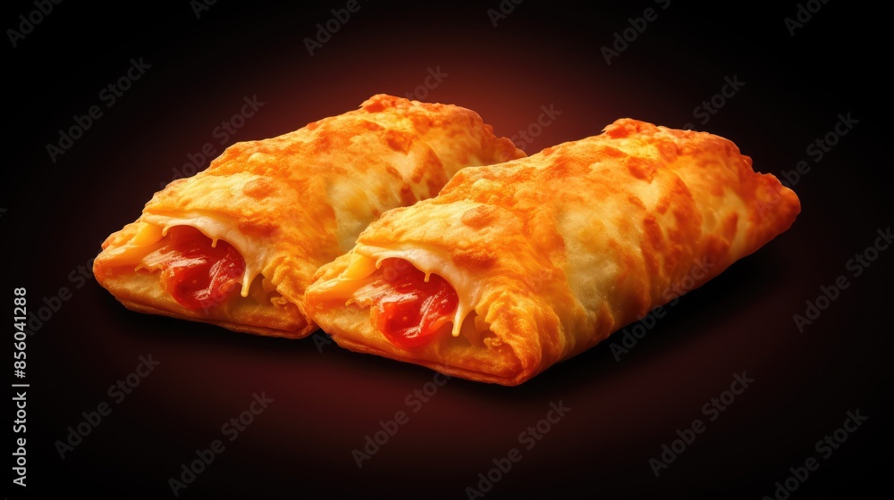 Two delicious and crispy pizza rolls filled with melted cheese and tomato sauce on a dark background. Two delicious and crispy pizza rolls filled with melted cheese and tomato sauce on a dark background.