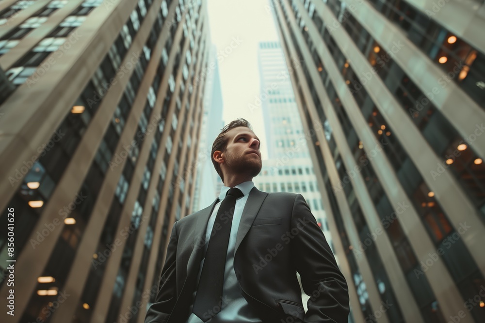 Determined businessman in a suit standing between tall skyscrapers, looking upwards with ambition and confidence in a bustling cityscape Determined businessman in a suit standing between tall skyscrapers, looking upwards with ambition and confidence in a bustling cityscape