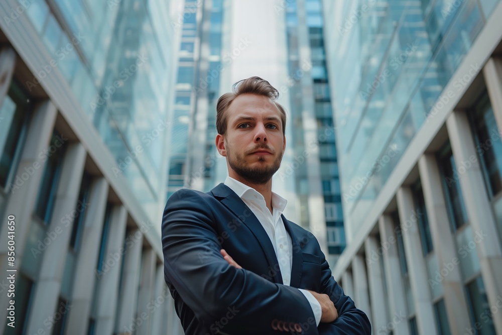 Fototapeta premium Young confident businessman standing in a modern glass building corridor, showcasing determination and ambition