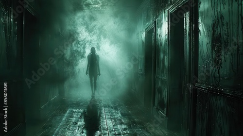 person walking down a dark hallway in a creepy building