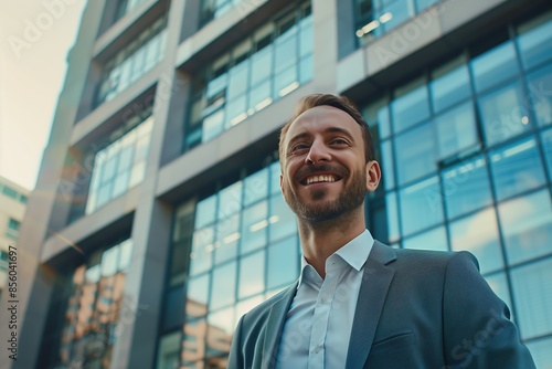 Smiling businessman standing in front of a modern glass office building, radiating confidence and success on a bright day