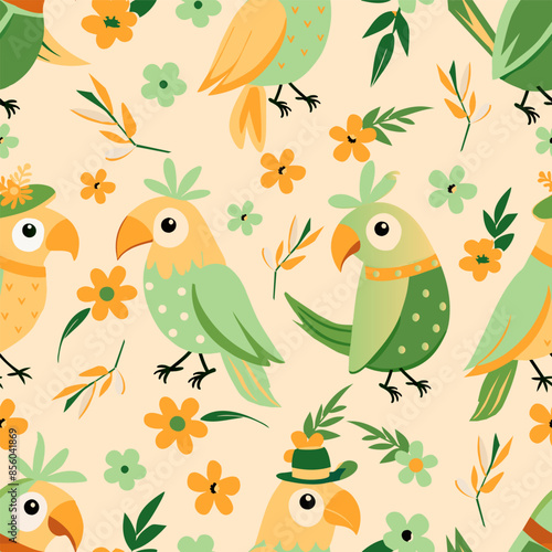 seamless Tropical vintage palm leaves,flower, pastel cockatoo parrot floral seamless pattern white background. Exotic jungle wallpaper.vector illustrator