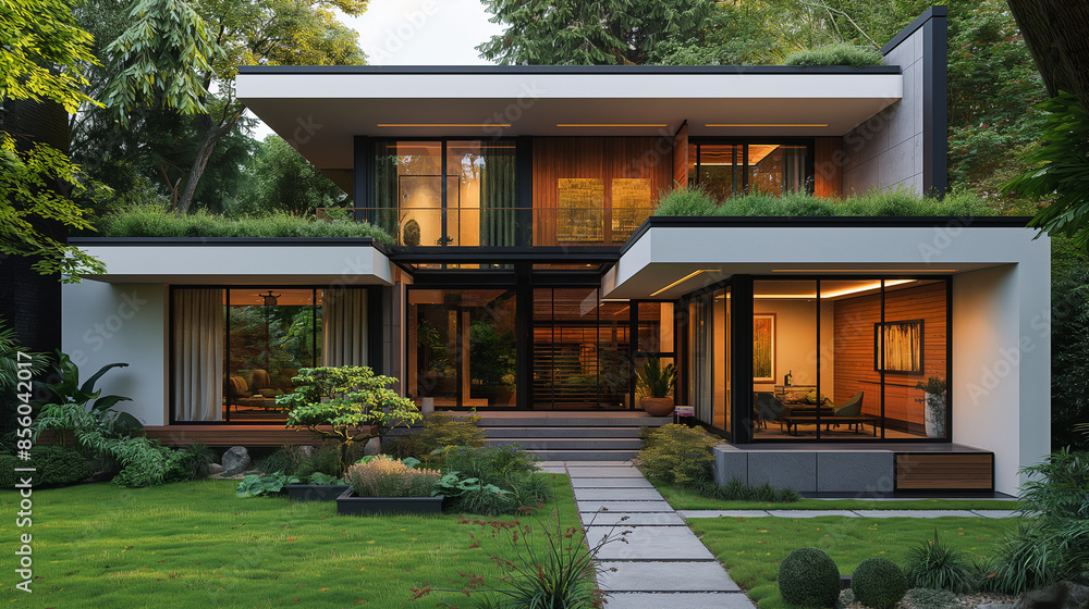 A simple modern house with white walls, a green lawn and trees in the yard. An exterior photography shows a front view with a small courtyard area, a wooden door and black window frames. A simple modern house with white walls, a green lawn and trees in the yard. An exterior photography shows a front view with a small courtyard area, a wooden door and black window frames.