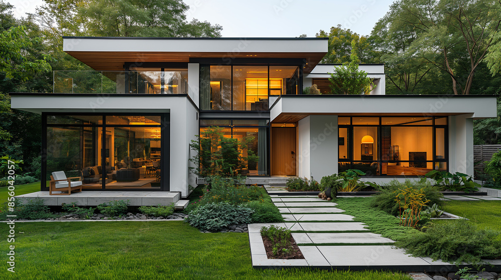 A simple modern house with white walls, a green lawn and trees in the yard. An exterior photography shows a front view with a small courtyard area, a wooden door and black window frames. A simple modern house with white walls, a green lawn and trees in the yard. An exterior photography shows a front view with a small courtyard area, a wooden door and black window frames.