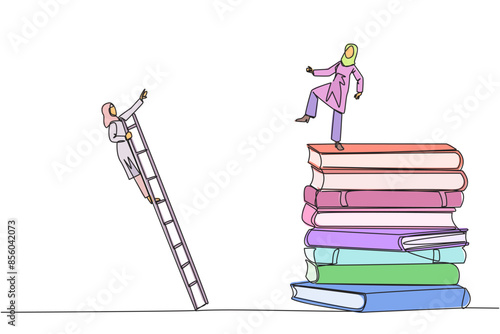 Continuous one line drawing Arab businesswoman kicks opponent who climbs pile of books with ladder. Failed to gain access to profitable business principles. Single line draw design vector illustration