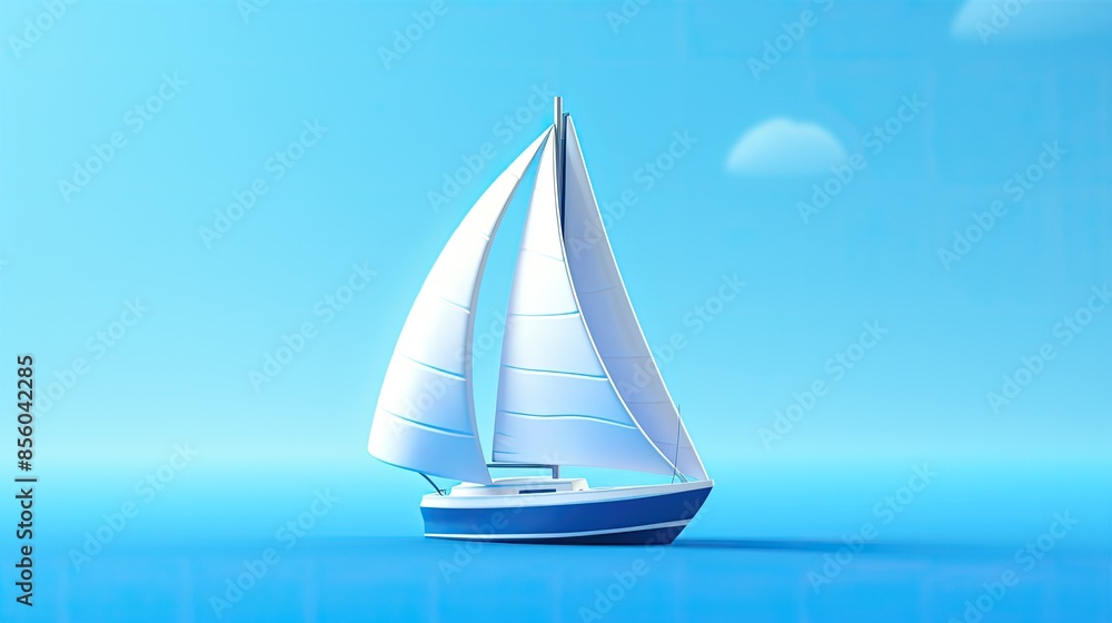 Obraz premium 3D rendering of a sailboat with white sails on a blue background. The sailboat is in the foreground and is facing the right side of the image.