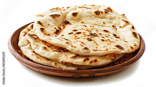 Naan, a traditional Indian flatbread, served on a plate, isolated