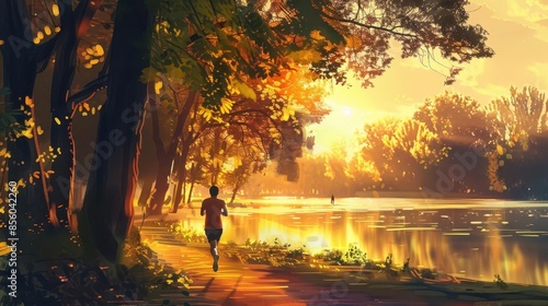 energetic man running in beautiful park at sunrise healthy active lifestyle digital painting © Bijac