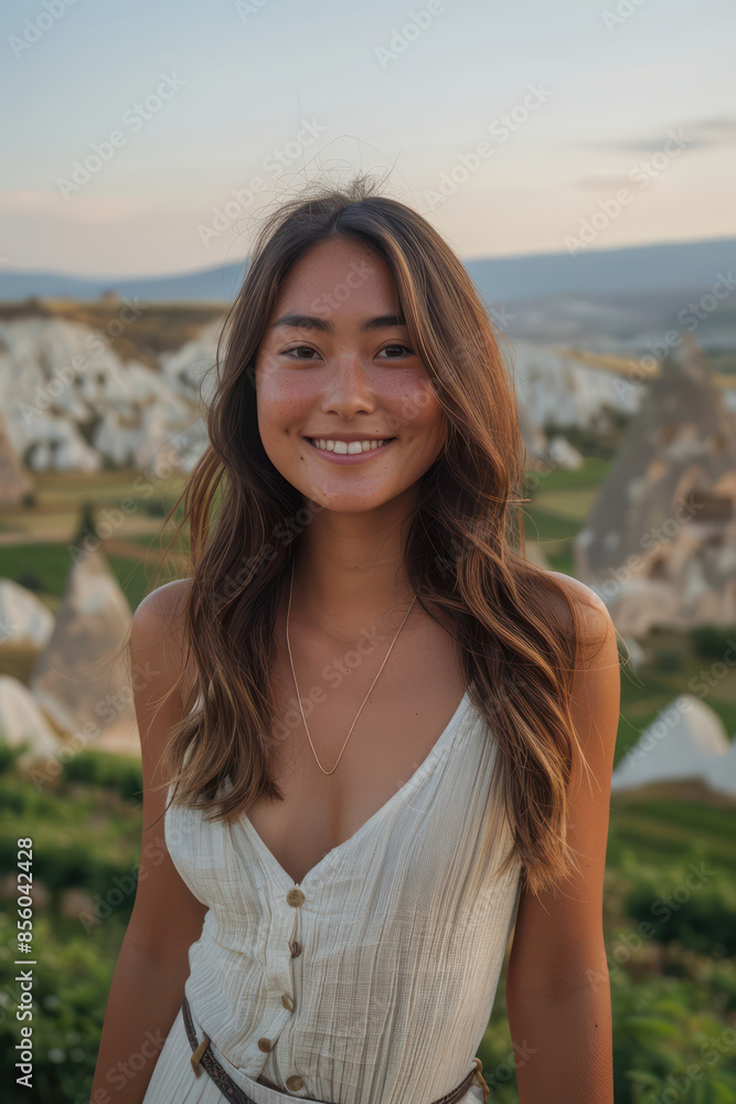 Young Happy Woman in a White Dress Standing Outside at Sunset in a Beautiful Scenic Location with Rock Formations in the Background Smiling at Camera Young Happy Woman in a White Dress Standing Outside at Sunset in a Beautiful Scenic Location with Rock Formations in the Background Smiling at Camera