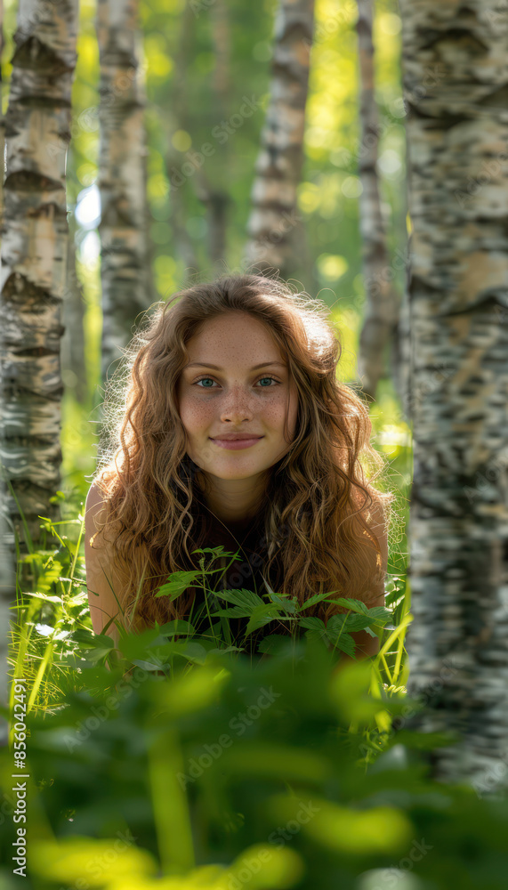 Young Woman Enjoying Tranquility in Serene Forest Surrounded by Lush Greenery and Birch Trees on a Sunny Day, Connecting with Nature and Experiencing Peace and Calm, Perfect Outdoor Escape Young Woman Enjoying Tranquility in Serene Forest Surrounded by Lush Greenery and Birch Trees on a Sunny Day, Connecting with Nature and Experiencing Peace and Calm, Perfect Outdoor Escape