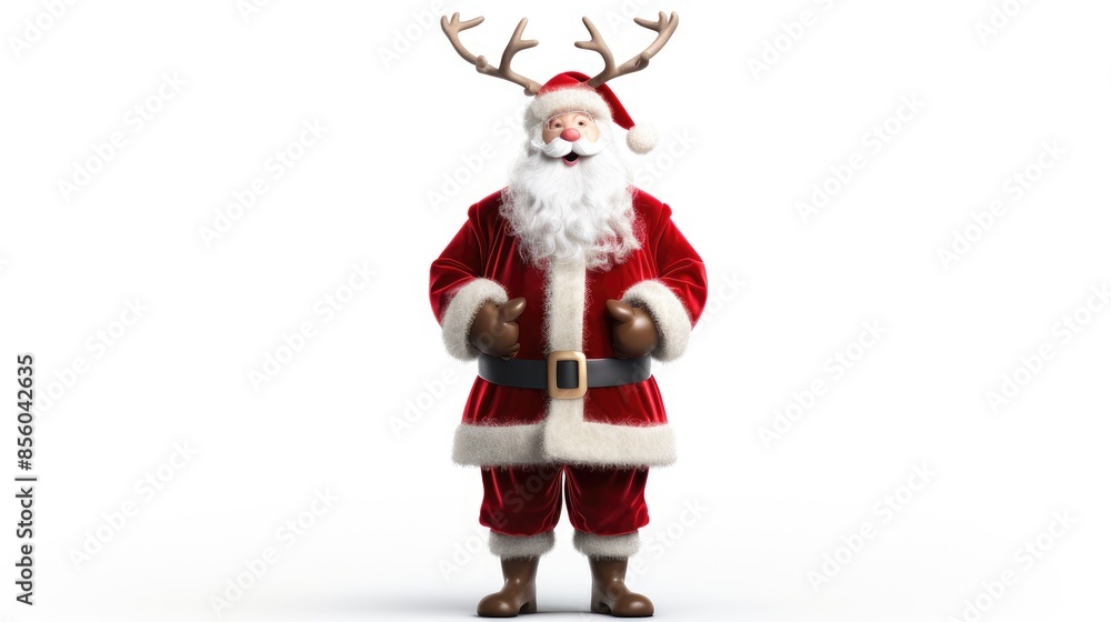 3D rendering of a cheerful Santa Claus with reindeer antlers. He is wearing a red suit with white trim, a red and white hat, and brown boots. 3D rendering of a cheerful Santa Claus with reindeer antlers. He is wearing a red suit with white trim, a red and white hat, and brown boots.