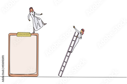 Single one line drawing Arab businessman kicks opponent who climbs a big clipboard with a ladder. The bully will ruin the daily report. Chase away bullies. Continuous line design graphic illustration