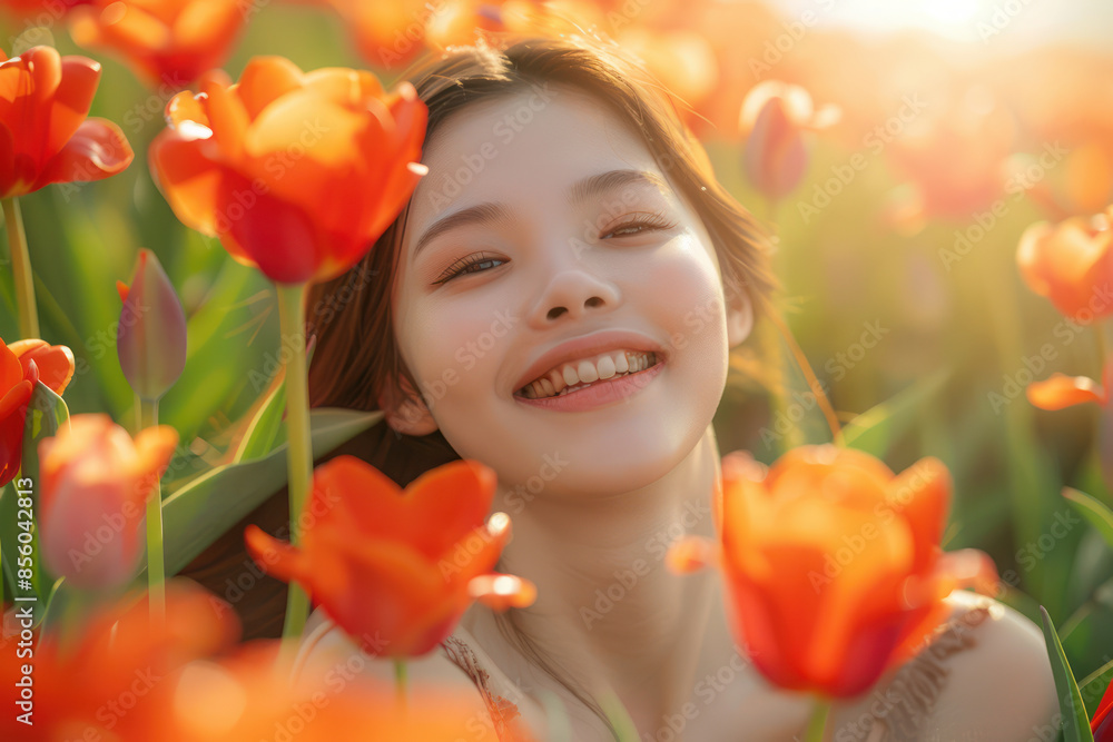 Young Woman Smiling Joyfully Amidst a Vibrant Field of Blooming Orange and Red Tulips on a Sunny Day, Capturing the Beauty of Youth, Nature, and Spring in a Serene and Blissful Moment Young Woman Smiling Joyfully Amidst a Vibrant Field of Blooming Orange and Red Tulips on a Sunny Day, Capturing the Beauty of Youth, Nature, and Spring in a Serene and Blissful Moment