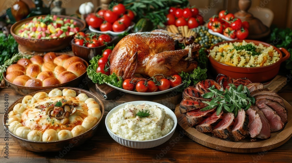 table with many different foods and dishes on it table with many different foods and dishes on it