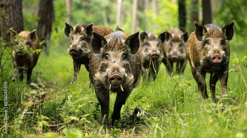 A pack of wild boar foraging in the forest and their bristly coats and sharp tusks a formidable sight