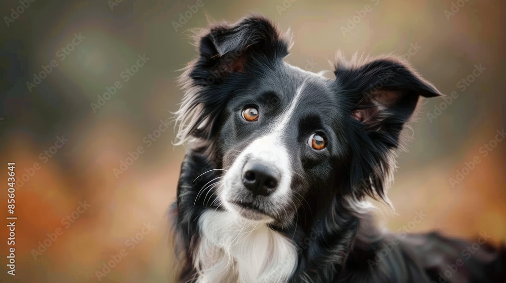 Adorable border collie dog tilting head to the side, looking at the camera with a bright gaze Adorable border collie dog tilting head to the side, looking at the camera with a bright gaze