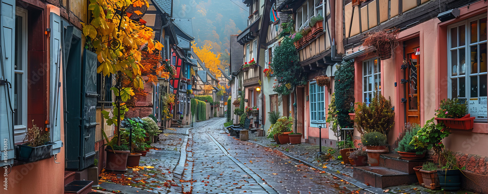 Naklejka premium A quaint cobblestone street lined with charming shops, cafes, and old-fashioned buildings.