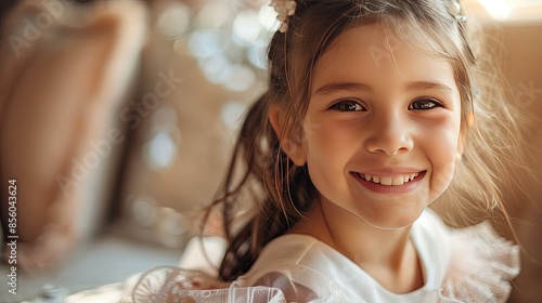 Adorable 7-year-old girl, smiling and wearing a princess dress, playing pretend