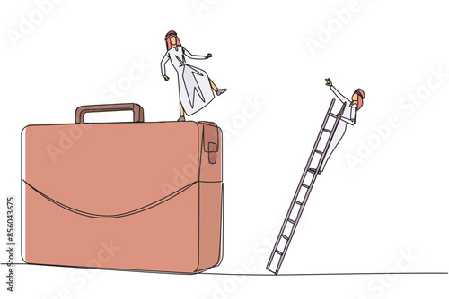 Single one line drawing Arab businessman kicks opponent who climbs the briefcase with a ladder. Keep away from intruders who disturb business trips. Rival. Continuous line design graphic illustration