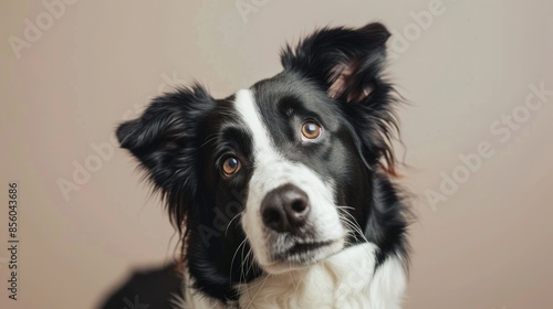 Adorable border collie dog tilting its head and looking at the camera with curiosity © chanidapa