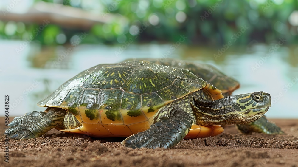 Obraz premium turtle sitting on the ground next to a body of water