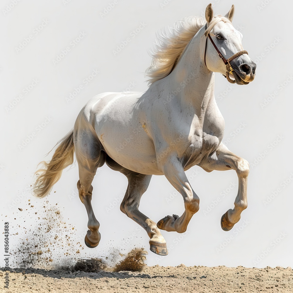 white horse running in the sand on a sunny day white horse running in the sand on a sunny day