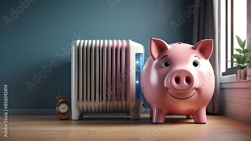 Money-saving piggy bank box equipped with a radiator. Concept of home heating costs. 3D Production