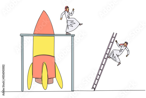 Continuous one line drawing Arab businessman kicks opponent who climbs the rocket with ladder. Failure to open new business. Cheated by colleague. Traitor. Single line draw design vector illustration