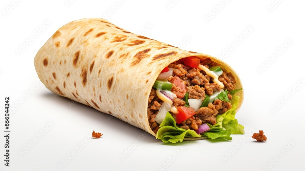 Beef and bean burrito with lettuce, tomato, onion and cheese. Isolated on white background. Beef and bean burrito with lettuce, tomato, onion and cheese. Isolated on white background.