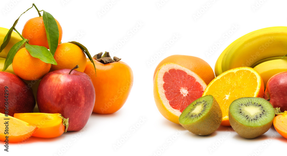 Fruits isolated on white. Collage. Free space for text. Wide photo. Fruits isolated on white. Collage. Free space for text. Wide photo.