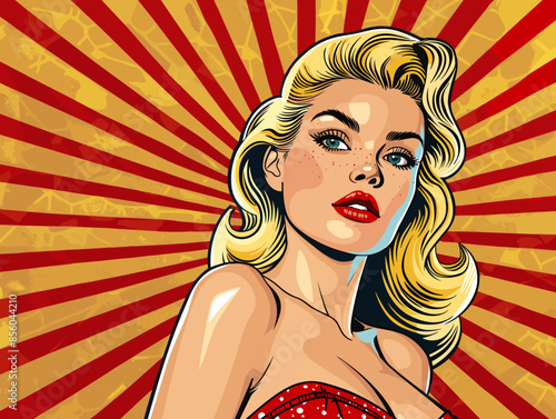 Pop art beautiful blonde woman in pin up style. Vector illustration