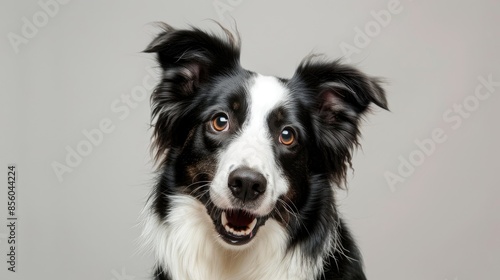 Border collie dog sitting and tilting its head, looking at the camera with a cute, inquisitive face © chanidapa