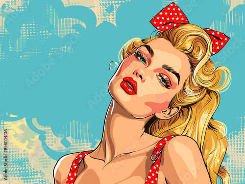 Pop art beautiful blonde woman in pin up style. Vector illustration