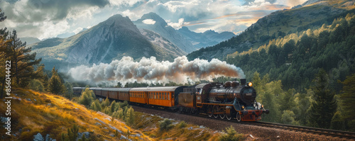 A vintage train chugging along a scenic mountain route, passengers enjoying the view.