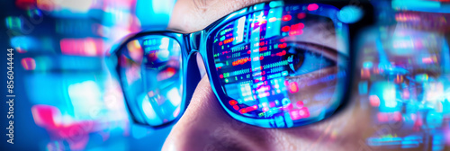 Glasses reflecting screen, Software Engineer Computer programmer, Software development, AI application, programming for various devices, coding process, testing platform Data analytics, online safety