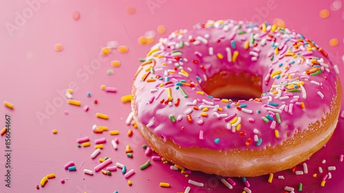 Close-up of a colorful donut with sprinkles on a vibrant pink background
