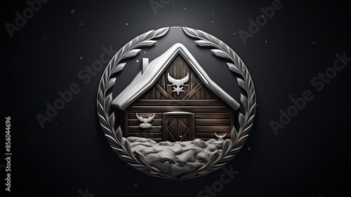 A wooden cabin in the middle of a snowy forest. The cabin is surrounded by a wreath of leaves. The image is in a cartoon style. photo