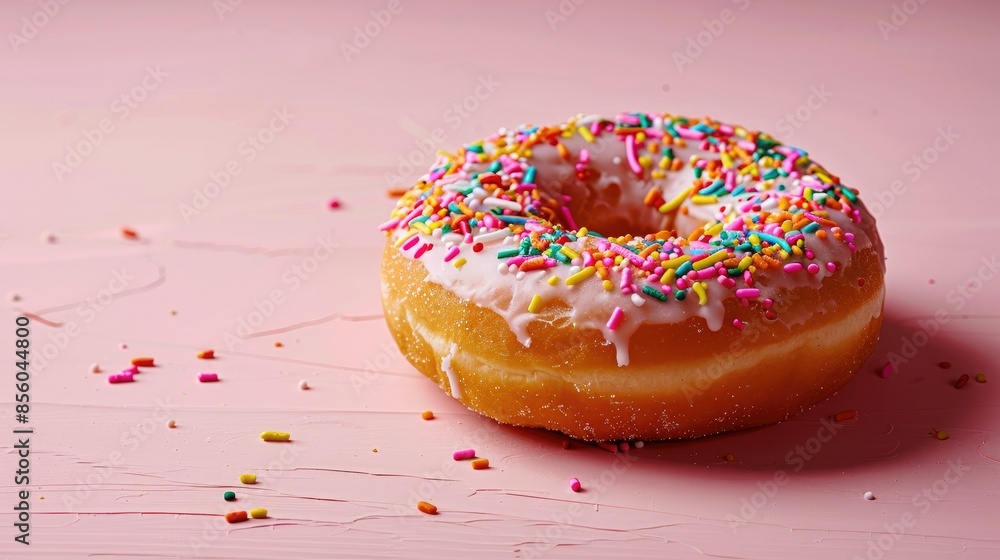 Close-up of a donut with vibrant sprinkles, isolated on a pink background Close-up of a donut with vibrant sprinkles, isolated on a pink background