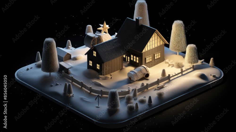 custom made wallpaper toronto digitalA cozy cabin in the woods, surrounded by snow-covered trees. There is a wood fence around the cabin.