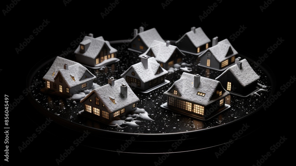 A beautiful winter scene of a small village with snow-covered houses and a frozen lake. The houses are all lit up, creating a warm and inviting glow. A beautiful winter scene of a small village with snow-covered houses and a frozen lake. The houses are all lit up, creating a warm and inviting glow.
