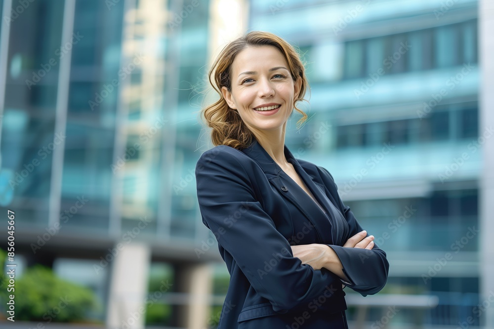 Confident businesswoman with arms crossed standing in front of a modern office building, exuding professionalism and success Confident businesswoman with arms crossed standing in front of a modern office building, exuding professionalism and success