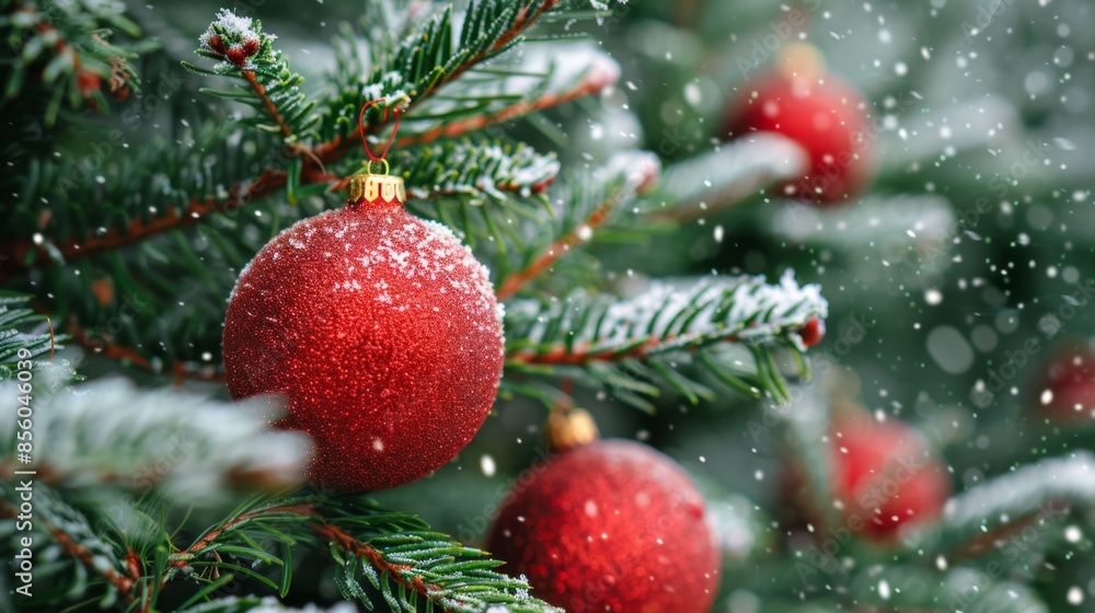 Red Christmas Ornament on Snow-Covered Pine Tree, Generative AI Red Christmas Ornament on Snow-Covered Pine Tree, Generative AI