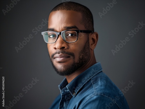 A portrait of an African American man with short hair and beard, wearing glasses, looking directly at the camera against a dark grey background.