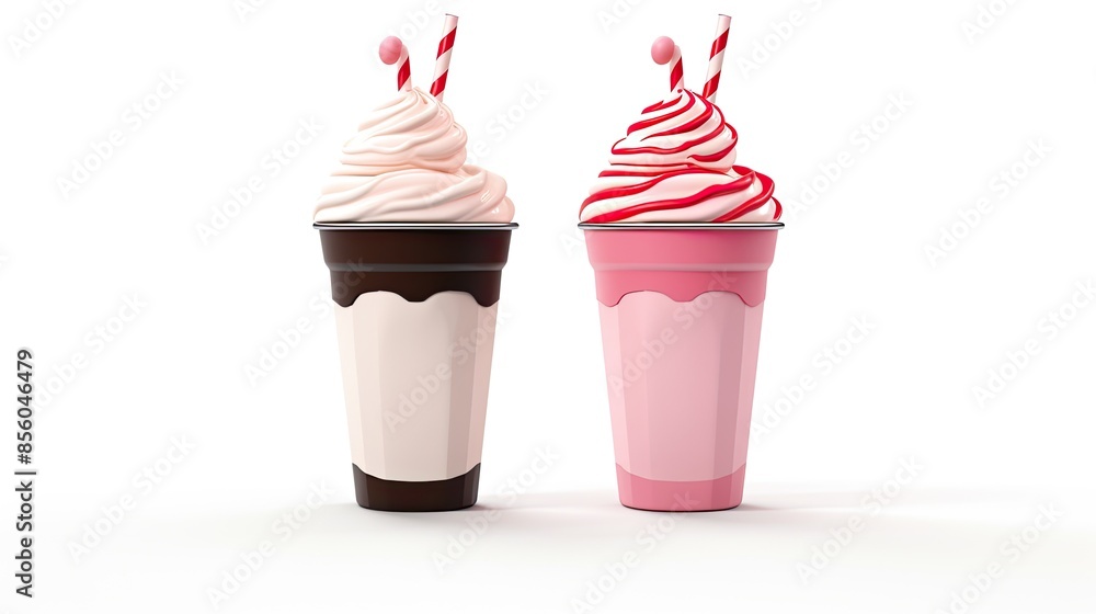 3D rendering of two plastic cups with whipped cream and straws on white background. 3D rendering of two plastic cups with whipped cream and straws on white background.