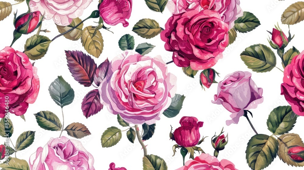 Magenta and pink roses in bloom on a seamless spring pattern against a white backdrop