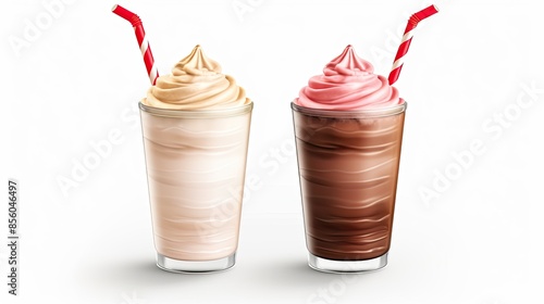 Two delicious milkshakes with whipped cream and a straw. One is chocolate and the other is strawberry. photo