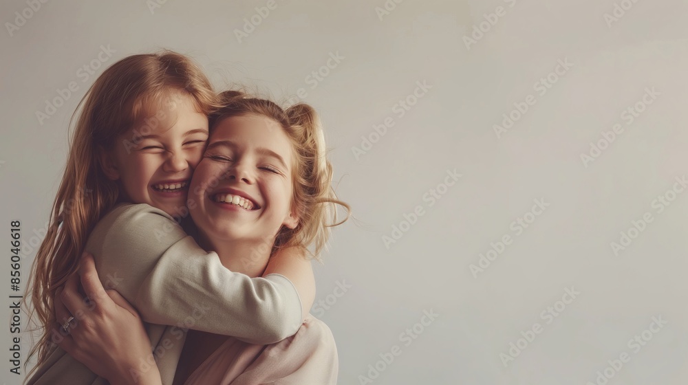 Two joyful young girls smiling and hugging each other tightly against a plain background for a heartfelt moment Two joyful young girls smiling and hugging each other tightly against a plain background for a heartfelt moment